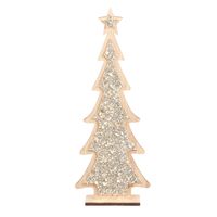 Kerstdecoratie houten kerstboom glitter zilver 35,5 cm decoratie kerstbomen   -