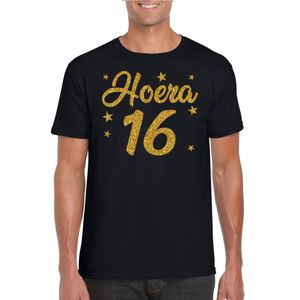 Hoera 16 jaar verjaardag cadeau t-shirt goud glitter op zwart heren