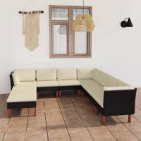 9-delige Loungeset met kussens poly rattan zwart