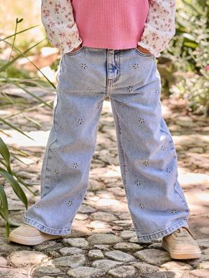 Wijde jeans voor meisjes Susan geborduurd gebleekt denim