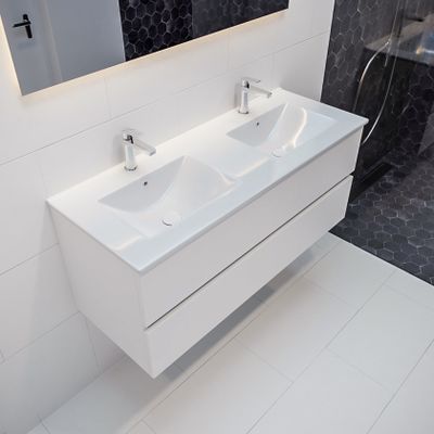 Mondiaz Vica Denia badmeubel wit mat 120 cm 2 lades keramiek dubbele spoelbak 2 kraangaten