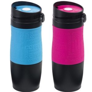 Set van 2x Thermosbekers/warmhoudbekers roze en blauw 380 ml