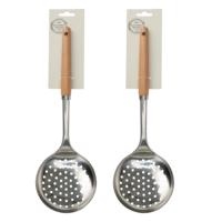 Keukengerei schuimspaan - 2x - RVS steel en houten handvat - 32 cm