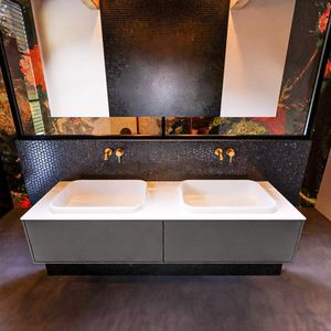 Badkamermeubelset Mondiaz Erin 150 cm met 2 Lades met RIDGE Wastafel Dubbel Talc Zonder Kraangaten Greeploos Mat Dark Grey