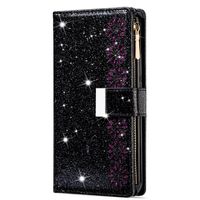 Samsung Galaxy A21S hoesje - Bookcase - Koord - Pasjeshouder - Portemonnee - Glitter - Bloemenpatroon - Kunstleer - Zwart