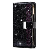 Samsung Galaxy A21S hoesje - Bookcase - Koord - Pasjeshouder - Portemonnee - Glitter - Bloemenpatroon - Kunstleer - Zwart - thumbnail