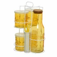 Gele karaf/sapkan/schenkkan 1 liter met 4 mason jars en rietjes