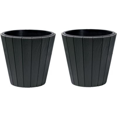 Plantenpot/bloempot Wood Style - 2x - buiten/binnen - kunststof - antraciet - D40 x H37 cm