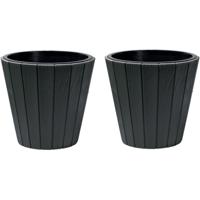 Plantenpot/bloempot Wood Style - 2x - buiten/binnen - kunststof - antraciet - D40 x H37 cm