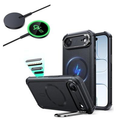 iPhone Air Bundle Cyber Tough Magnetic Case (Camera Control, Stash Stand) and Magnetic Charging Pad (Qi2) - Black