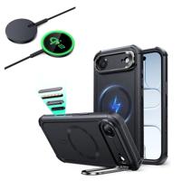 iPhone Air Bundle Cyber Tough Magnetic Case (Camera Control, Stash Stand) and Magnetic Charging Pad (Qi2) - Black