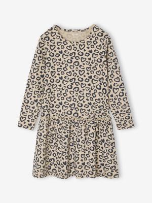 Meisjesjurk met print beige (poederkleur)