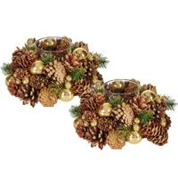 Krist+ kerststukje kaarsenhouder - Set van 2x stuks - bruin goud 18 cm