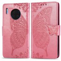 Voor Huawei mate 30 Pro Butterfly Love Flower reliëf horizontale Flip lederen draagtas met beugel/kaartsleuf/portemonnee/Lanyard (roze)