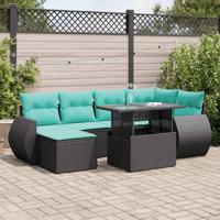 7-delige Loungeset met kussens poly rattan acacia zwart