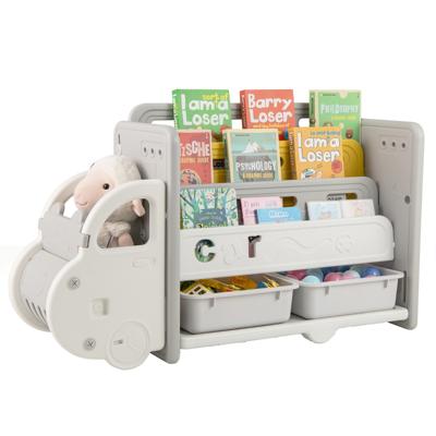 Boekenkast voor Kinderen in Automotive Stijl met 4 Niveaus en 2 Opbergdozen Speelgoedkast Speelgoedorganizer 108 x 35 x 63,5 cm
