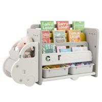 Boekenkast voor Kinderen in Automotive Stijl met 4 Niveaus en 2 Opbergdozen Speelgoedkast Speelgoedorganizer 108 x 35 x 63,5 cm