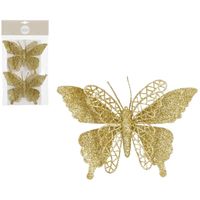 Decoratie vlinders op clip - 2x stuks - goud - 16 cm - kunststof - thumbnail