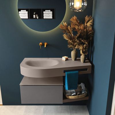 MONDIAZ RIVA 100cm badmeubel onderkast / planchet kleur Dark_Grey met 1 lade. Wastafel DULCET links 0 kraangaten kleur Smoke.