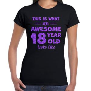 Verkleed T-shirt voor dames - leeftijd 18 jaar - awesome - zwart - glitter paars - Verjaardagsfeest