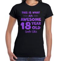 Verkleed T-shirt voor dames - leeftijd 18 jaar - awesome - zwart - glitter paars - Verjaardagsfeest - thumbnail