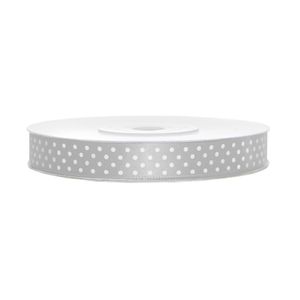 1x Hobby/decoratie zilver satijnen sierlinten met witte stippen1,2 cm/12 mm x 25 meter