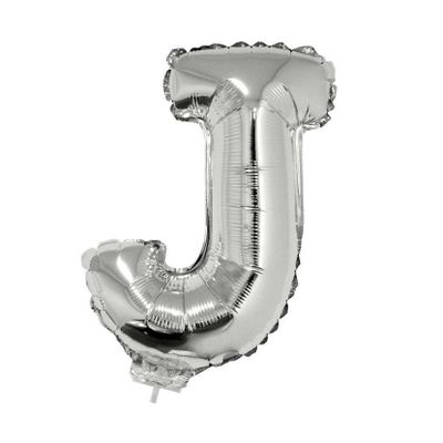 Zilveren opblaas letter ballon J op stokje 41 cm