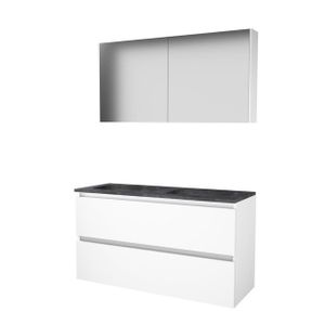 Basic-Line Comfort 46 badkamermeubelset - 120x46cm - greeploos - 2 lades - hardsteen wastafel - 2 kraangaten - Spiegelkast - MDF lak Ice White 1813171