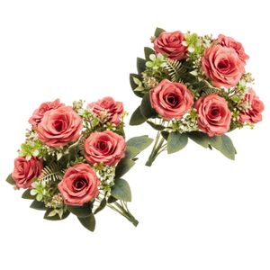 Rozen kunstbloemen boeket - 2x - roze - H43 cm