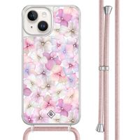 iPhone 14 hoesje met rosegoud koord - Floral hortensia