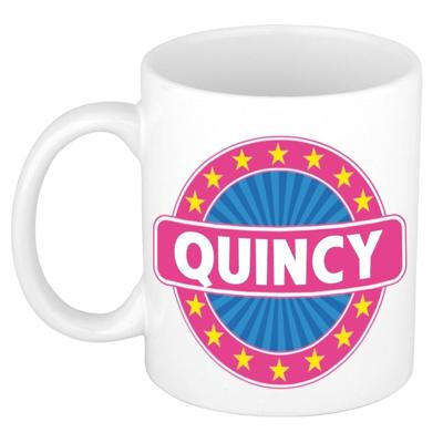 Quincy voornaam koffiemok - beker - wit/roze - 300 ml - Cadeau - Dames - Collega - Moederdag