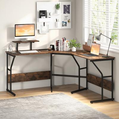 L-Vormig Bureau met Stopcontacten Hoekbureau met Verwijderbare Schermsteun 225 cm Lange Computerwerkplek voor 2 Personen