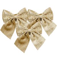 Kerst strik ornamenten - 3x - champagne - 20 x 24 cm - polyester fluweel - kerststrik - kerstversier