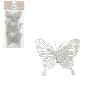 Decoratie vlinders op clip - 3x stuks - zilver - 10 cm - kunststof