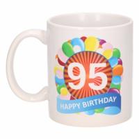 95 jaar Verjaardag koffiemok - cadeau beker - feestelijke ballonnen print - 300 ml - keramiek - wit