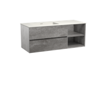 Storke Edge zwevend badmeubel 130 x 52 cm beton donkergrijs met Mata asymmetrisch linkse wastafel in mat witte solid surface