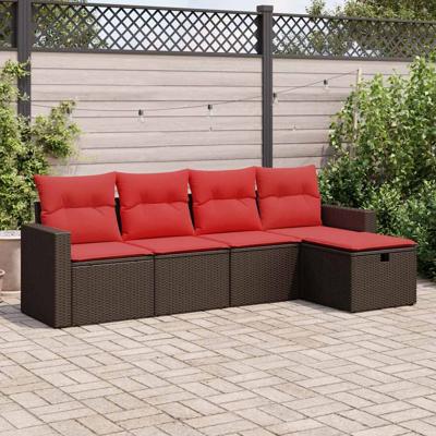 5-delige Loungeset met kussens poly rattan bruin