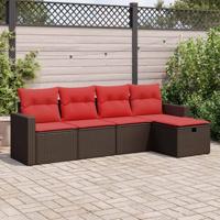 5-delige Loungeset met kussens poly rattan bruin