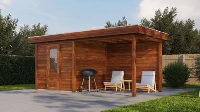 Lugarde Select Modern tuinhuis met overkapping Vught 250x250cm + 300cm - Bruine olie- Plat dak- - Lugarde Select