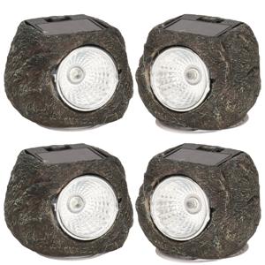 Buiten lamp/spot solar verlichting - 4x - steen vorm - LED - 13 x 9 cm