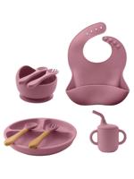 8PCS Children's Tableware Set Baby Dishes Sucker Plate Bowl Utensils Soft Silicone Cup Bibs Spoon Fork Sets Mother Kids Tableware Baby Items Pink / one-size