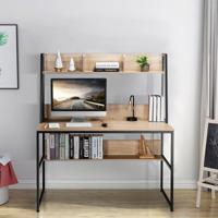 Bureau met Plank Computertafel van Hout met Metalen Frame en Verstelbare Voetpads Werktafel met Open Boekenkast (Natuur) - thumbnail