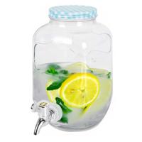 Drankdispenser/limonadetap - met tapje - glas - 4 liter - blauw/wit geblokte dop - 15 x 26 cm - thumbnail