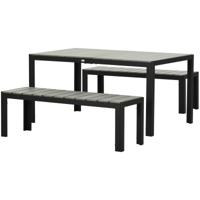 Outsunny Terrasmeubelset, 3-delig, 2 banken & 1 tafel, metalen frame, houtlook, grijs