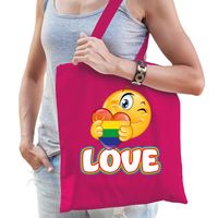 Gay Pride tas - katoen - 42 x 38 cm - fuchsia roze - LHBTI - love emoji - thumbnail