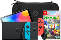 Nintendo Switch OLED Rood/Blauw + Pikmin 4 + BlueBuilt Beschermhoes