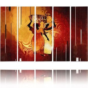 Schilderij , Afrikaanse vrouwen met potten , oranje geel rood ,150x100cm ,5 luik , wanddecoratie , Premium print , XXL 