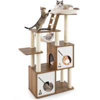 Kattenboom 145 cm Klimrek voor Katten met Meerdere Verdiepingen en Krabpalen Zitstok Ladder Hangmat en 2 Katten Nest Binnen Kittenmeubilair
