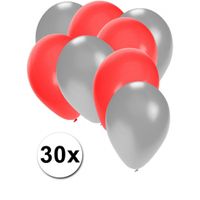 30x ballonnen - 27 cm zilver / rode versiering - thumbnail