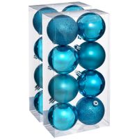 16x stuks kerstballen turquoise blauw glans en mat kunststof 7 cm